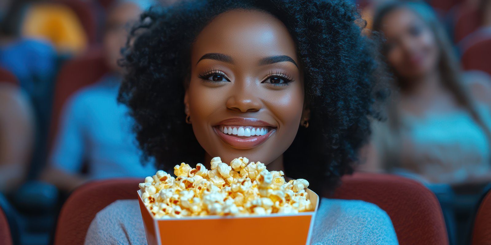 Young woman enjoys popcorn while watching a movie at a cinema during evening show